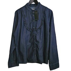 NWT GUESS Blue Denim Slim Line with Ruffle Button Down Long Sleeve Shirt Size XL